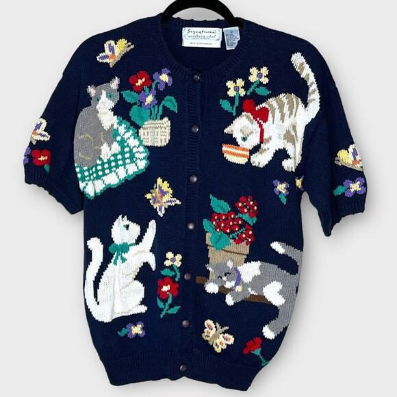 VINTAGE hand embroidered crazy cat lady short sleeve navy sweater size large - Picture 1 of 4